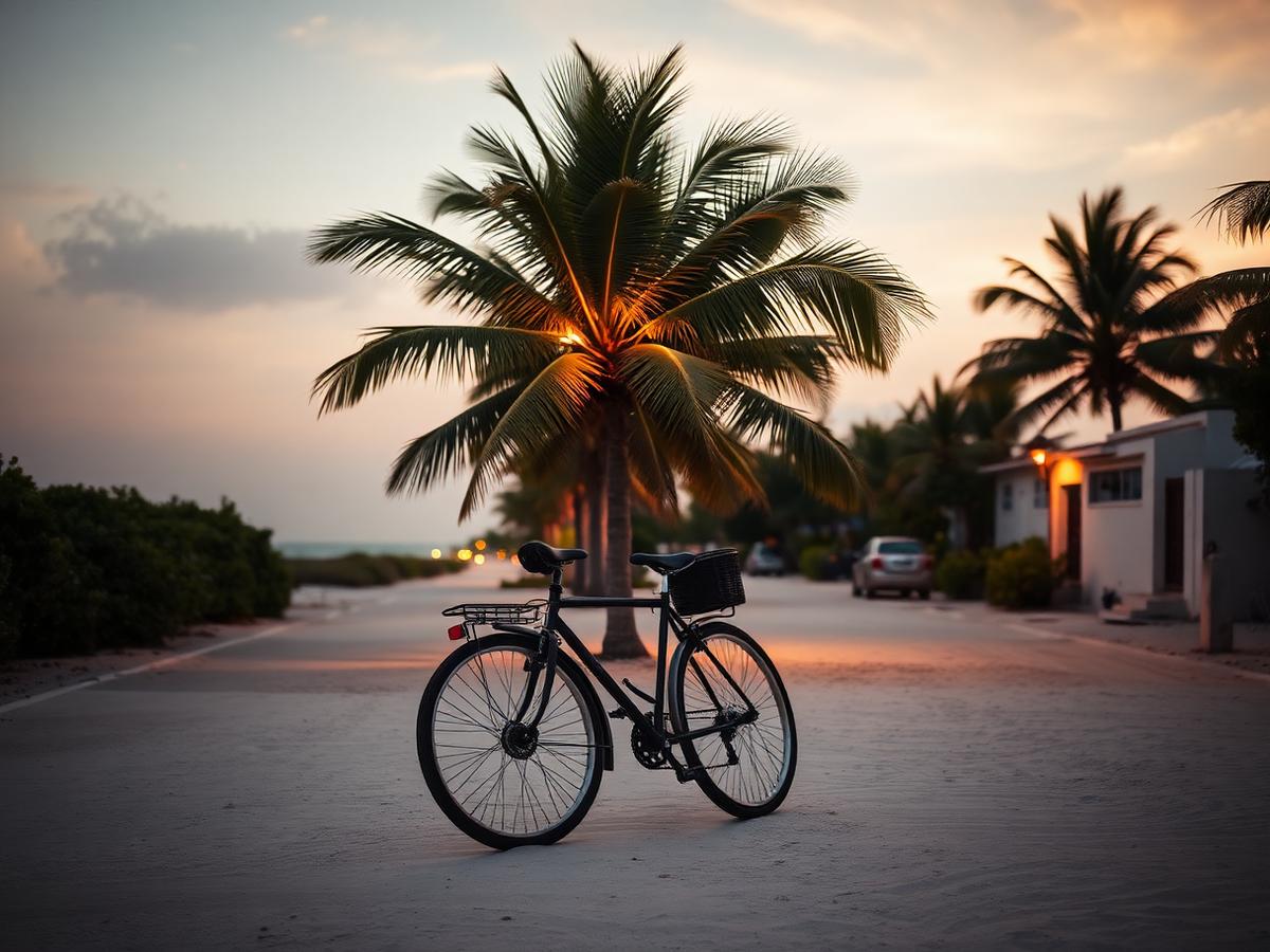 Bicycle on a palm-lined Tulum road near the beach at sunset