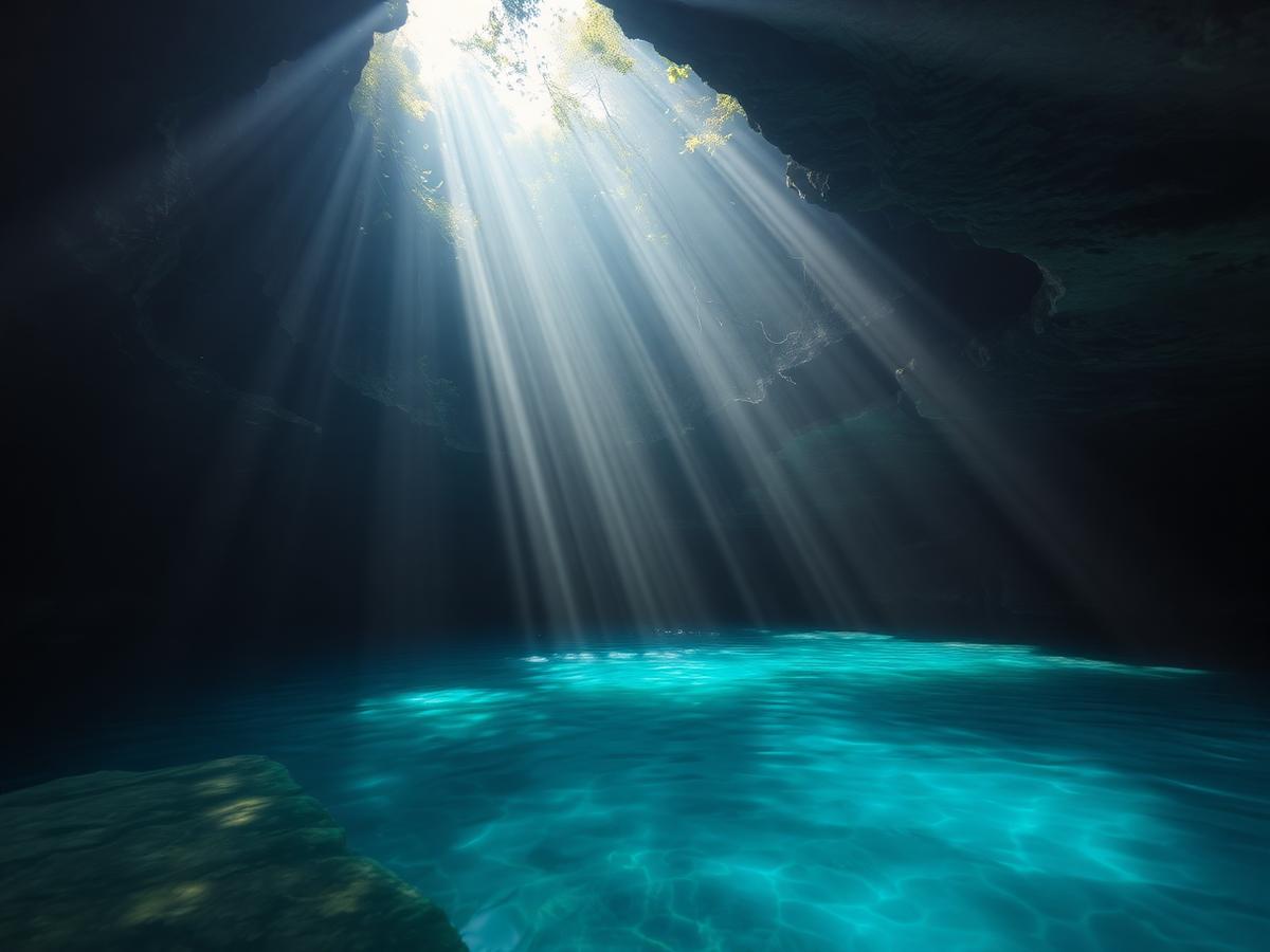 Sunbeams falling into a clear blue cenote near Tulum