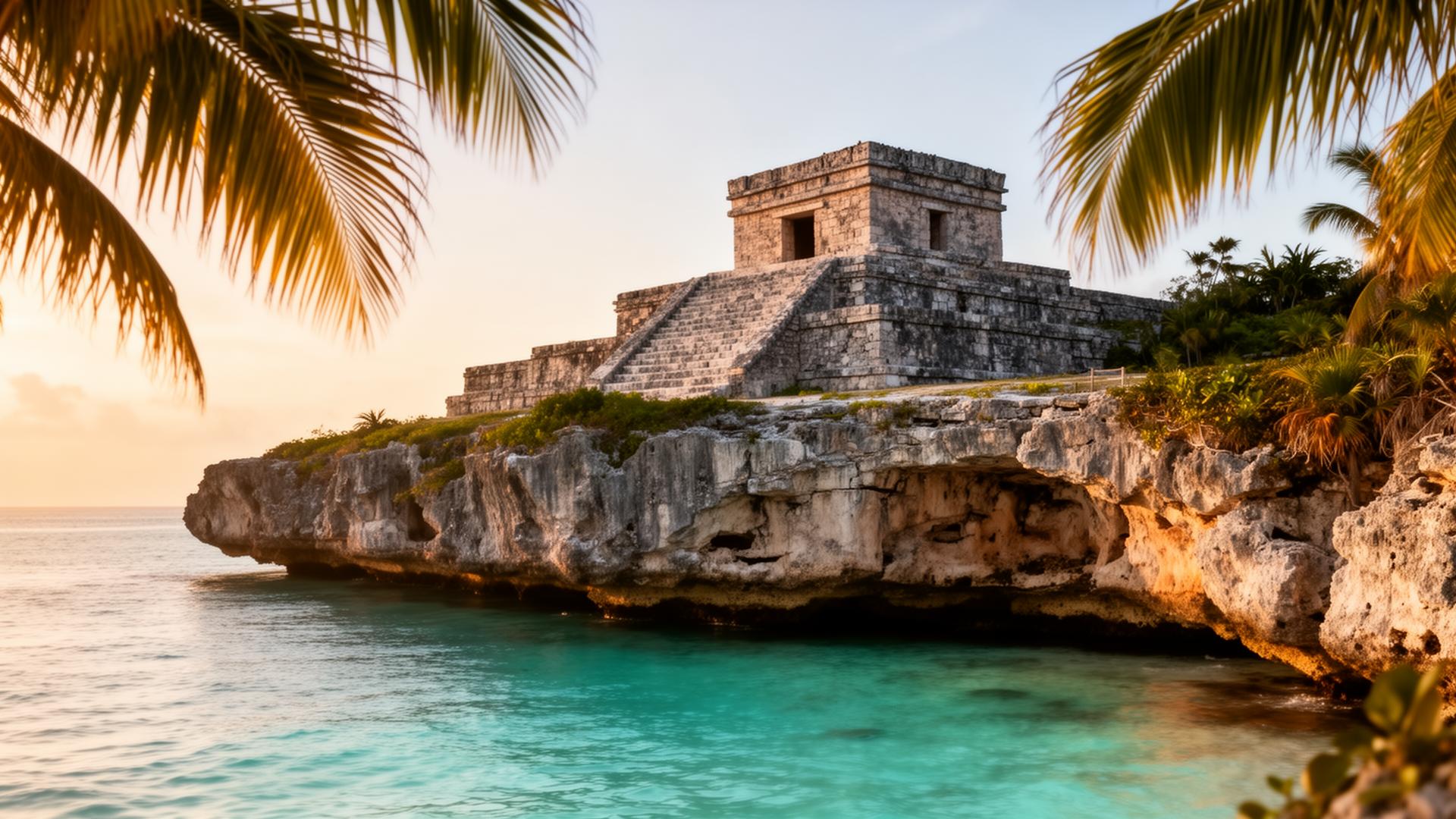 Tulum ruins above Caribbean water in warm morning light