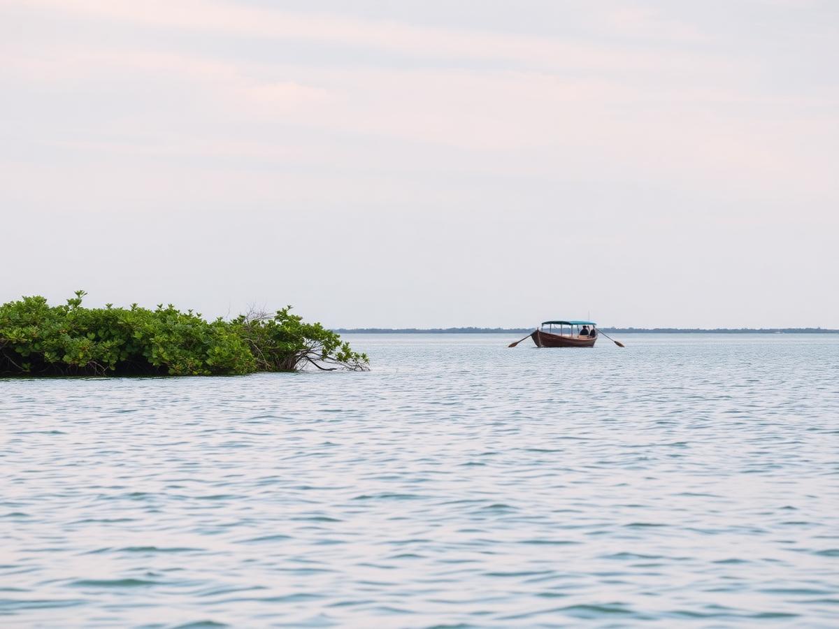 Boat on calm lagoon water in Sian Ka’an Biosphere Reserve near Tulum