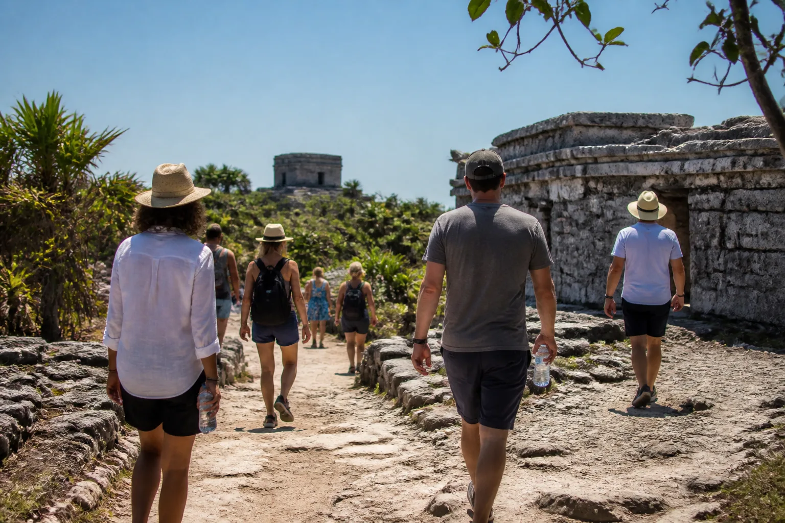 Travelers exploring the Tulum archaeological zone in the morning