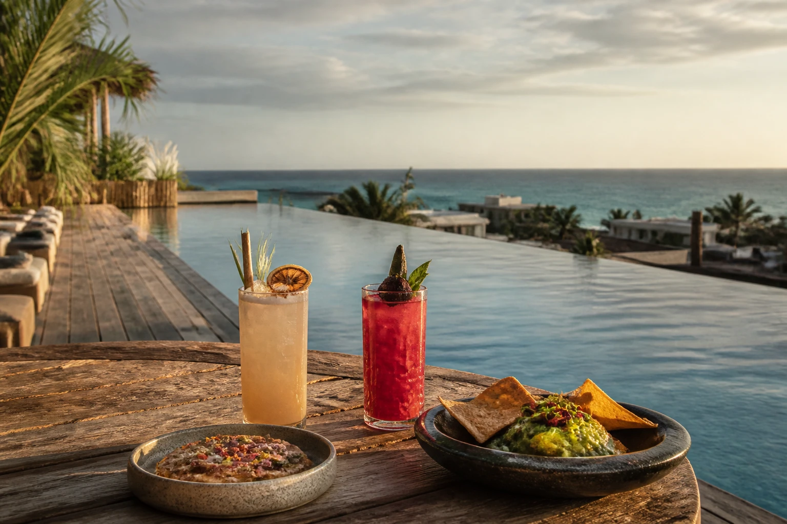 Sea-facing rooftop infinity pool with cocktails in Tulum