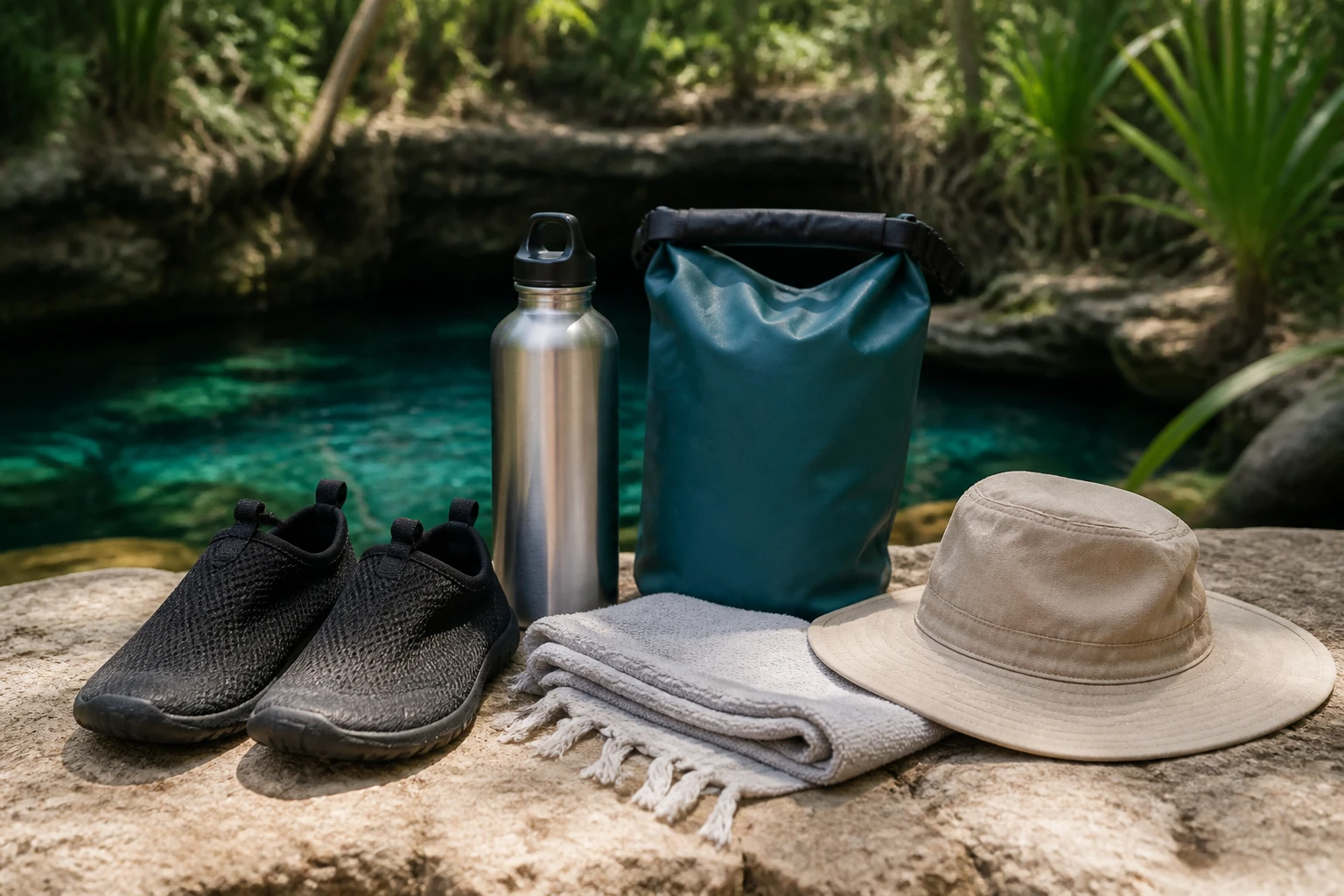 Towel, water shoes, bottle, dry bag and hat packed for a cenote visit