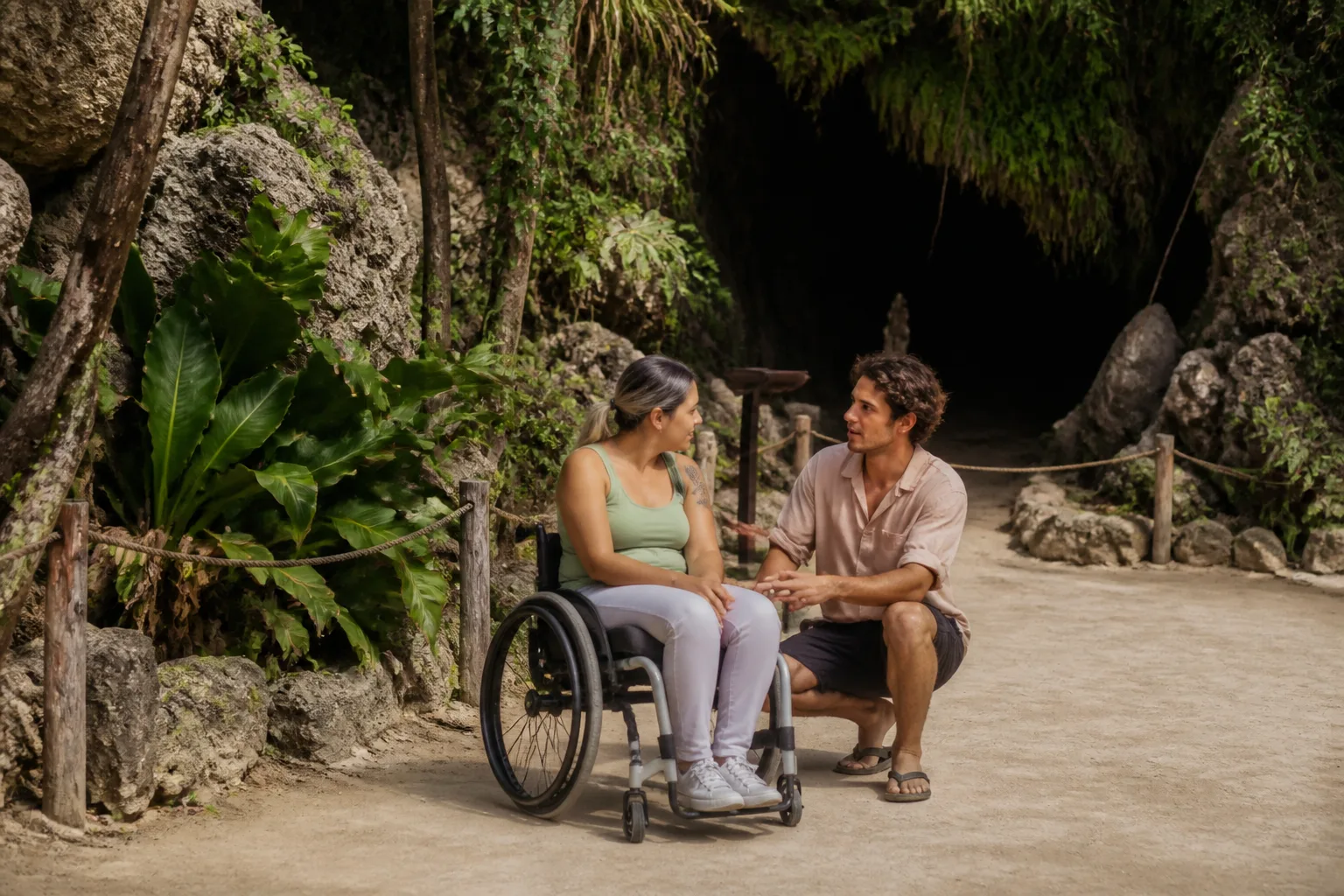 Traveler discussing mobility access before visiting a tropical attraction