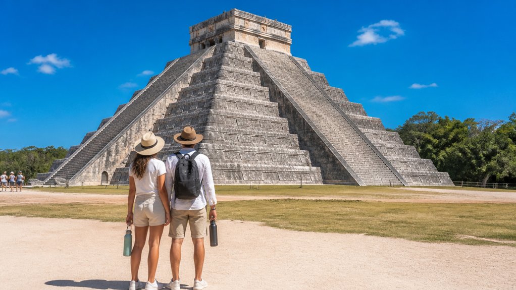 Guide leading visitors through Chichen Itza in Yucatan
