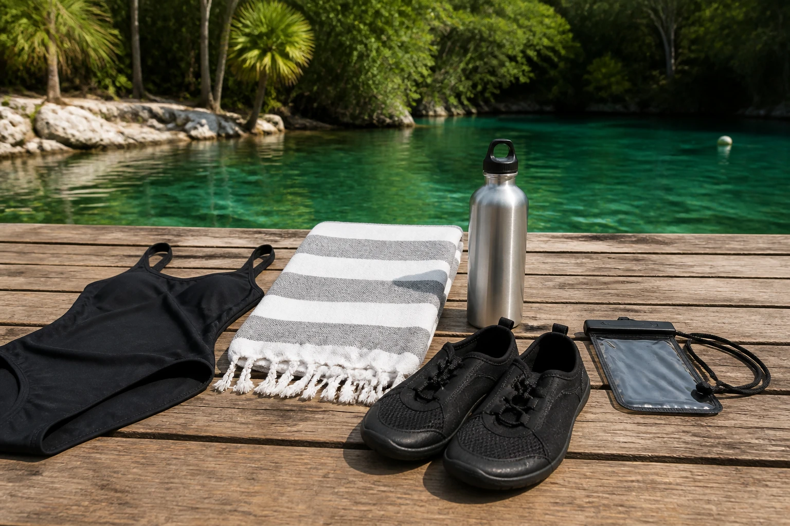 Swimming essentials packed for a Kaan Luum and cenote tour