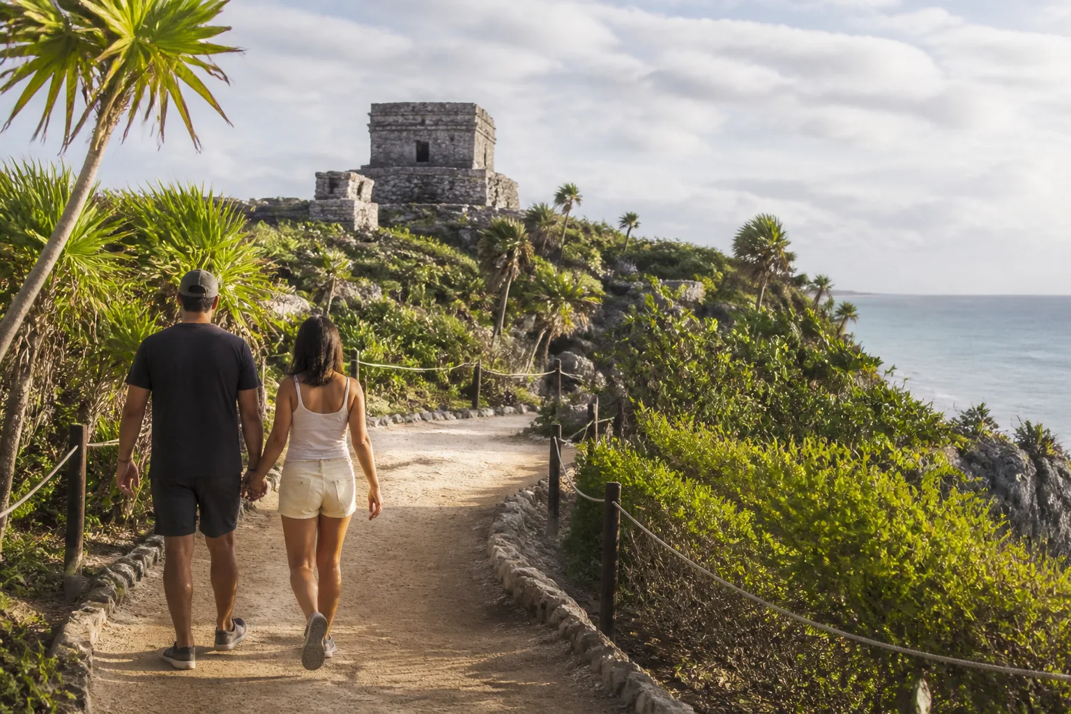 Couple exploring the cultural landscape near the Tulum ruins