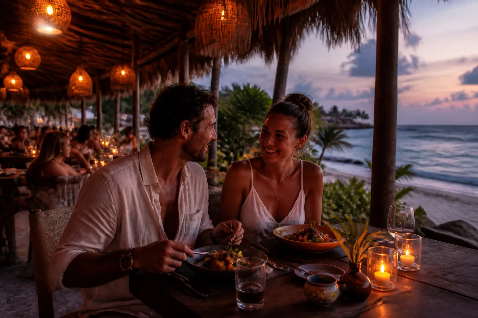 Couple sharing a romantic open-air dinner in Tulum