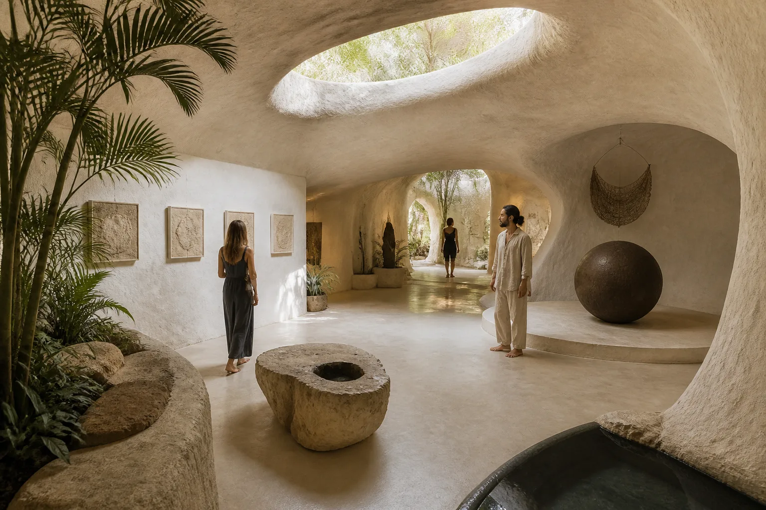 Barefoot visitors moving through an organic gallery interior in Tulum