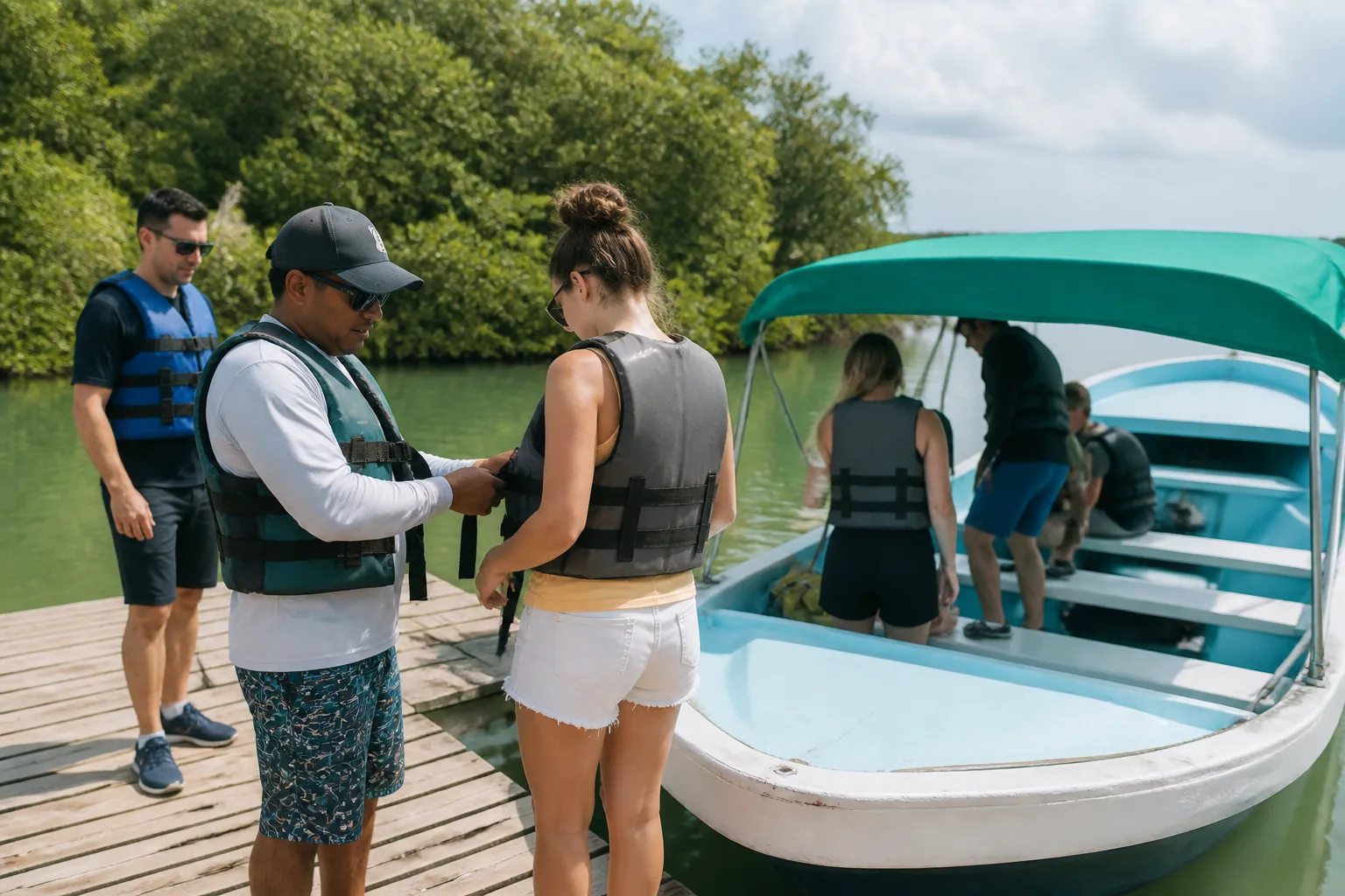 Travelers preparing to board a guided lagoon boat in Sian Ka’an