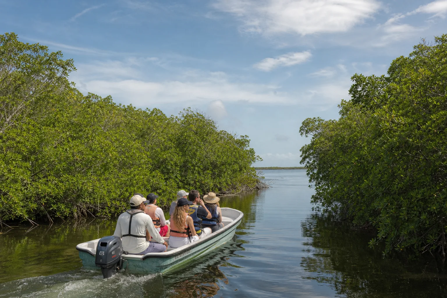Small boat entering a mangrove channel in Sian Ka’an near Tulum
