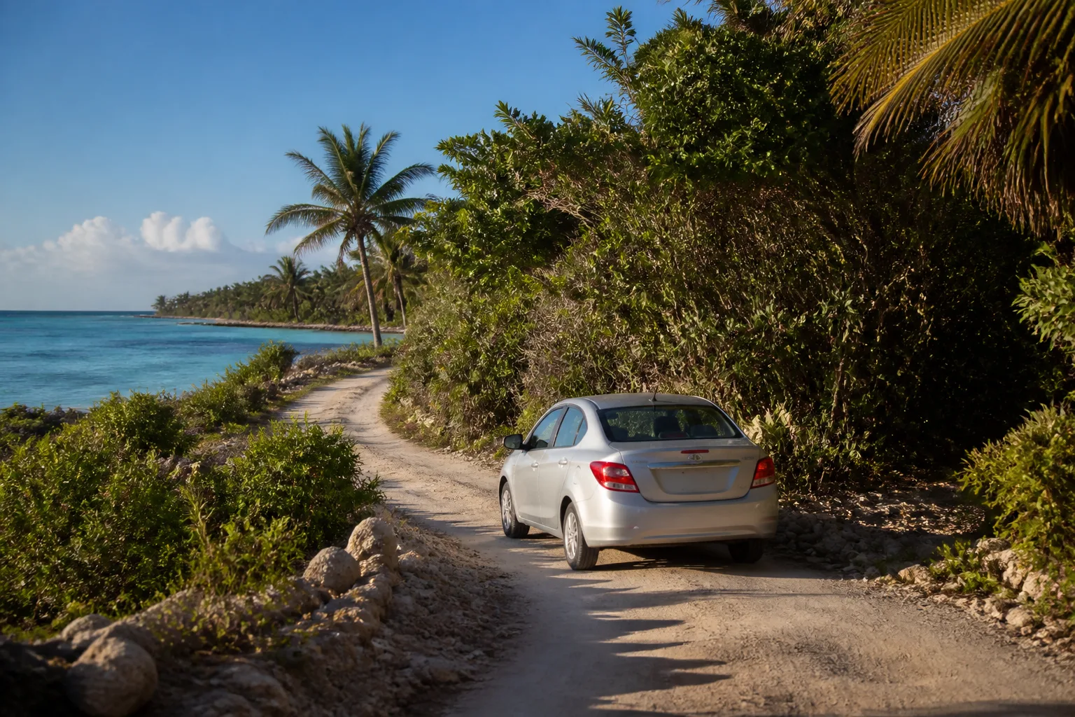 Vehicle approaching a tropical coastal access road near Soliman Bay