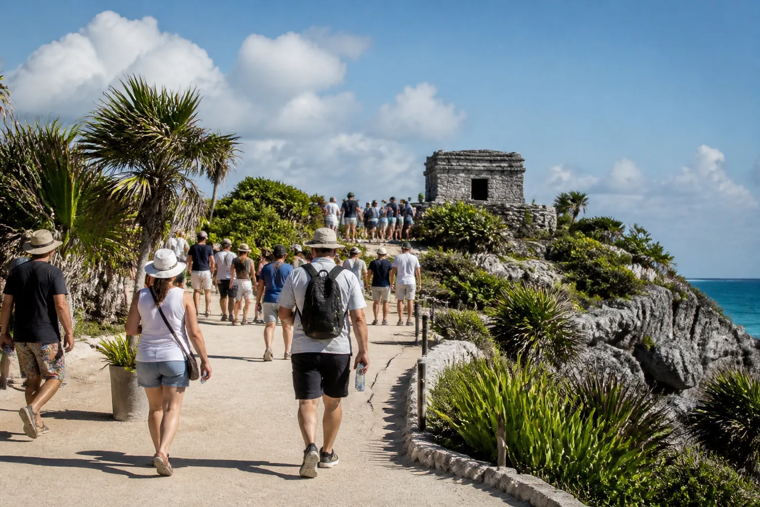 Visitors walking through the Tulum Archaeological Zone in warm weather