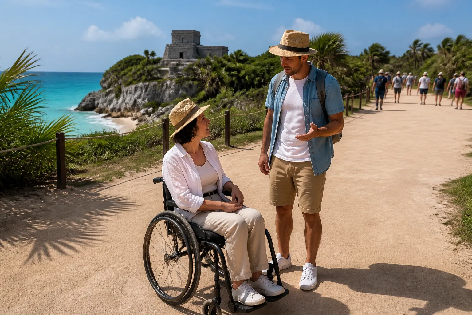 Traveler planning access near the Tulum archaeological site
