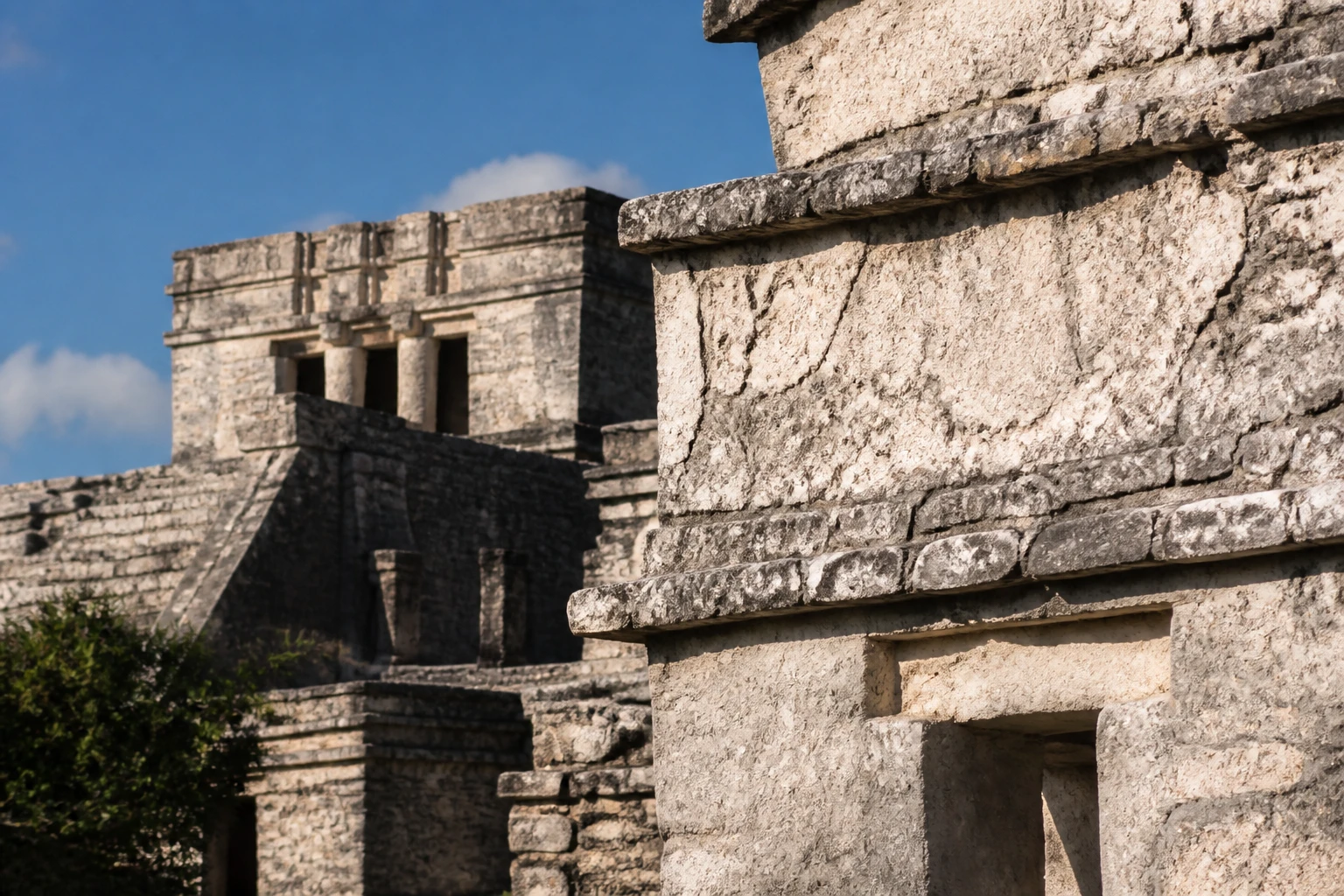 Limestone texture and geometric architectural details at Tulum