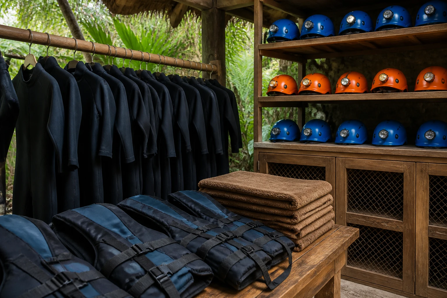 Wetsuits, life jackets, helmets, and towels prepared for a cave tour