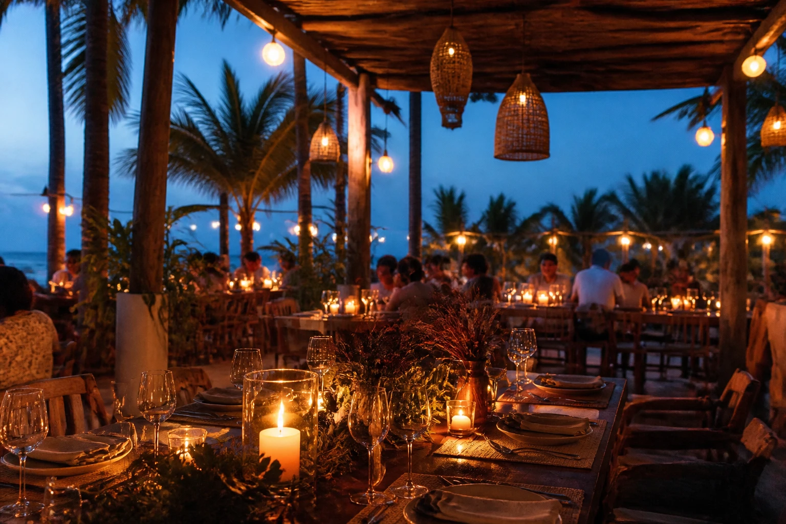 Open-air restaurant prepared for a festive dinner in Tulum