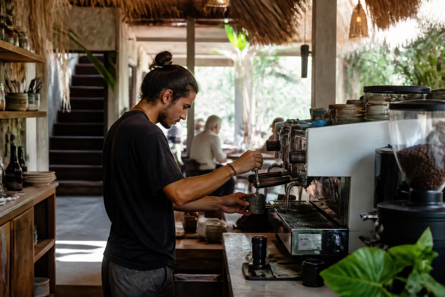 Barista preparing espresso at a Tulum café