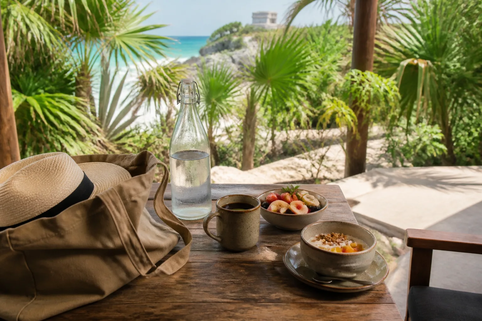 Coffee and breakfast prepared before a Tulum beach day