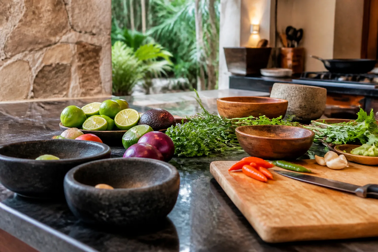 Fresh ingredients arranged on a workstation for a Tulum cooking class