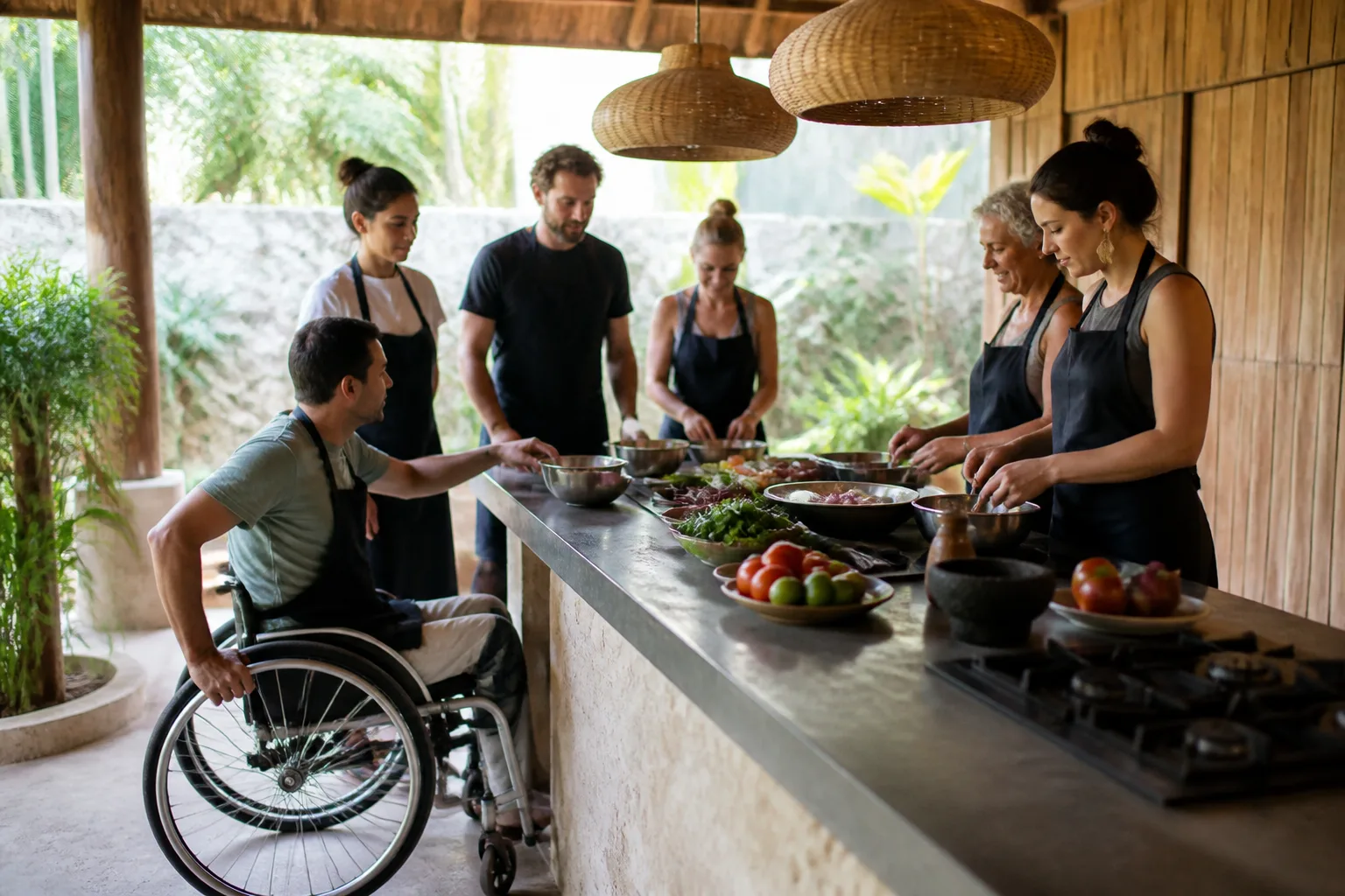 Seated traveler participating at an accessible cooking workstation