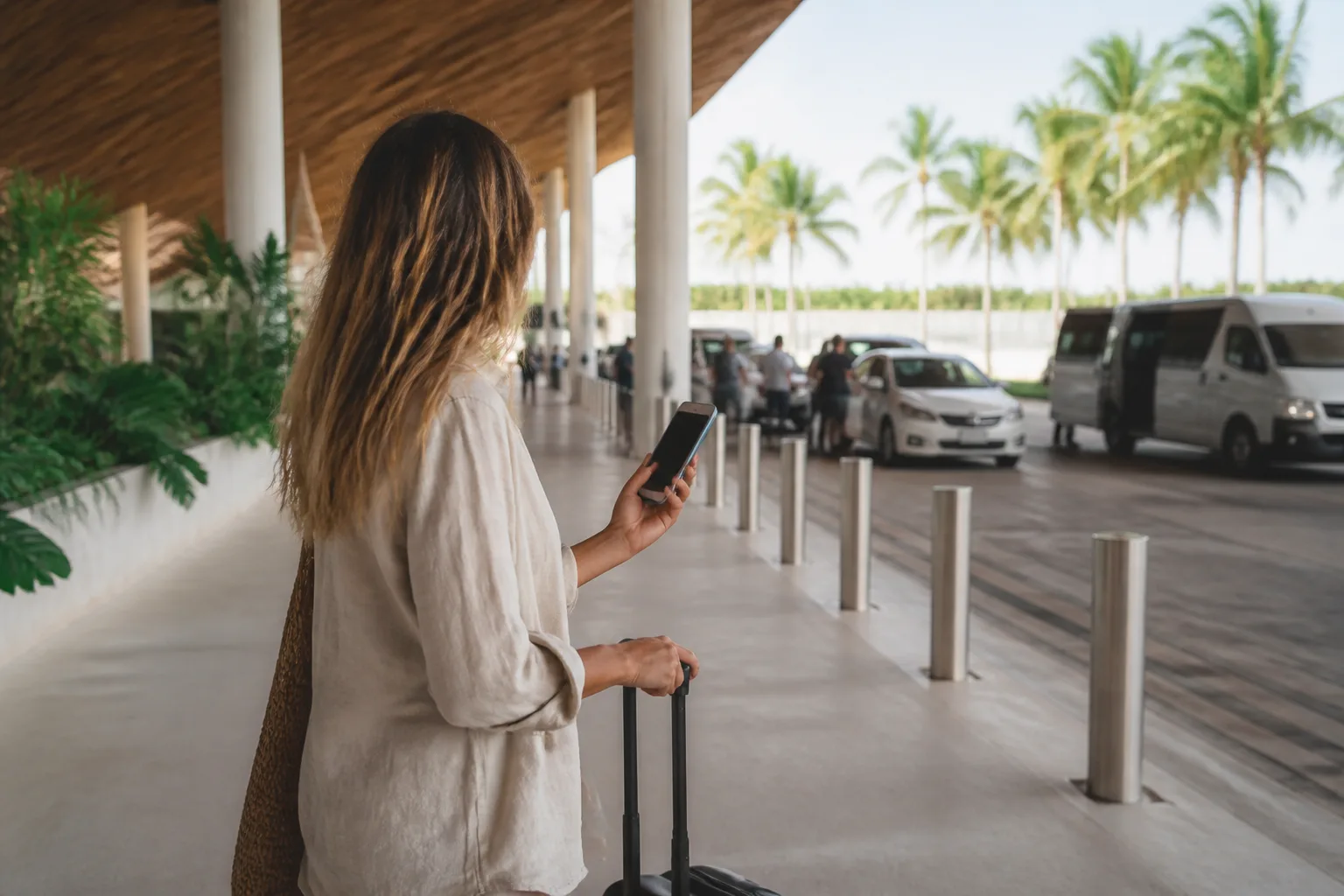 Traveler preparing for ground transportation after arriving in Tulum