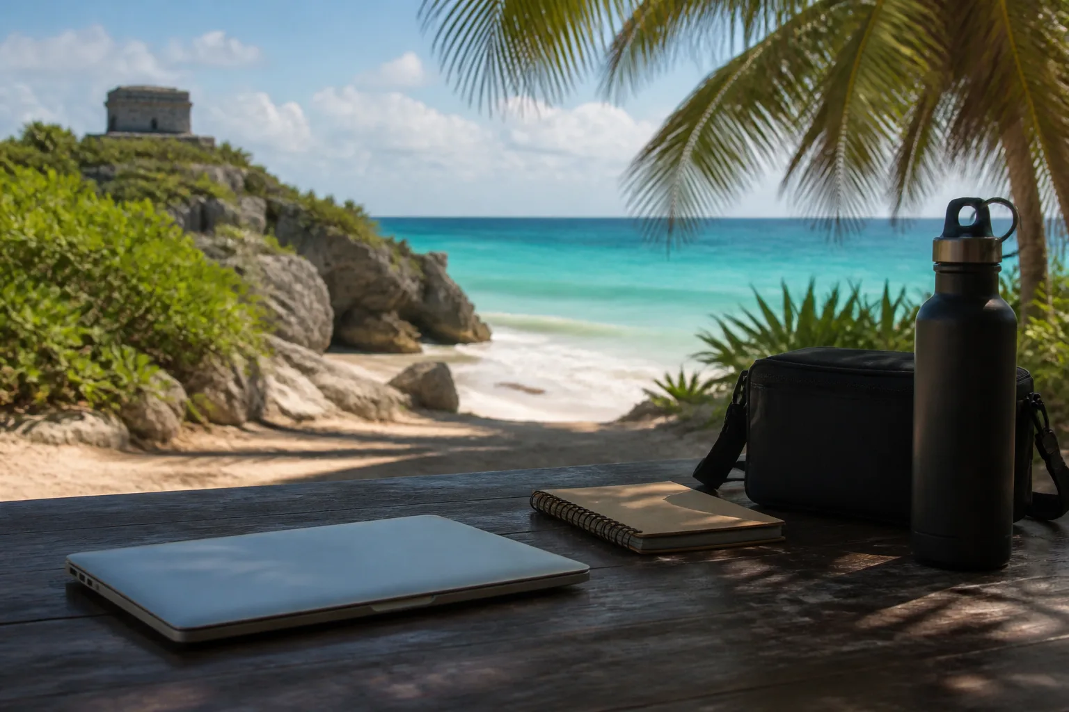 Closed laptop and day bag near a Tulum beach