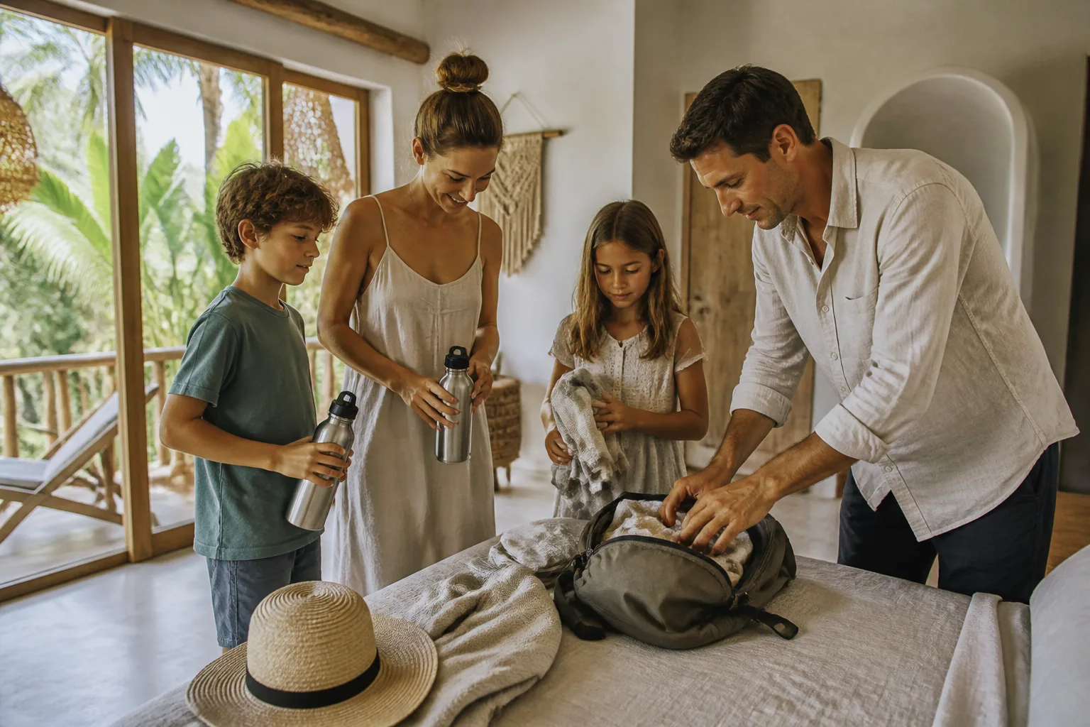 Family preparing a day bag for an outing in Tulum