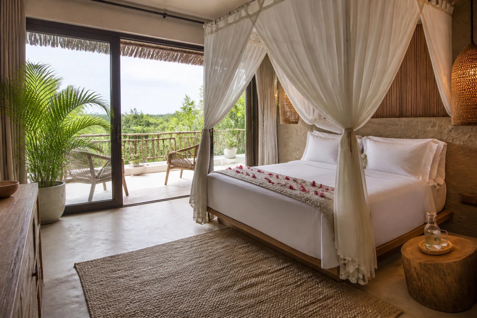 Tropical hotel room suitable for a Tulum honeymoon