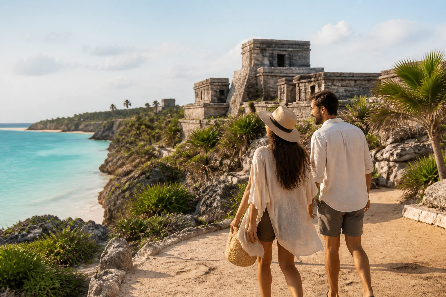 Couple visiting the Tulum archaeological zone