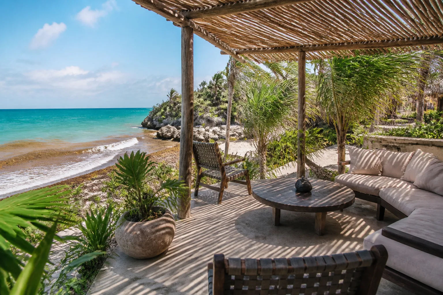 Refined beachfront lounge on the Tulum coast