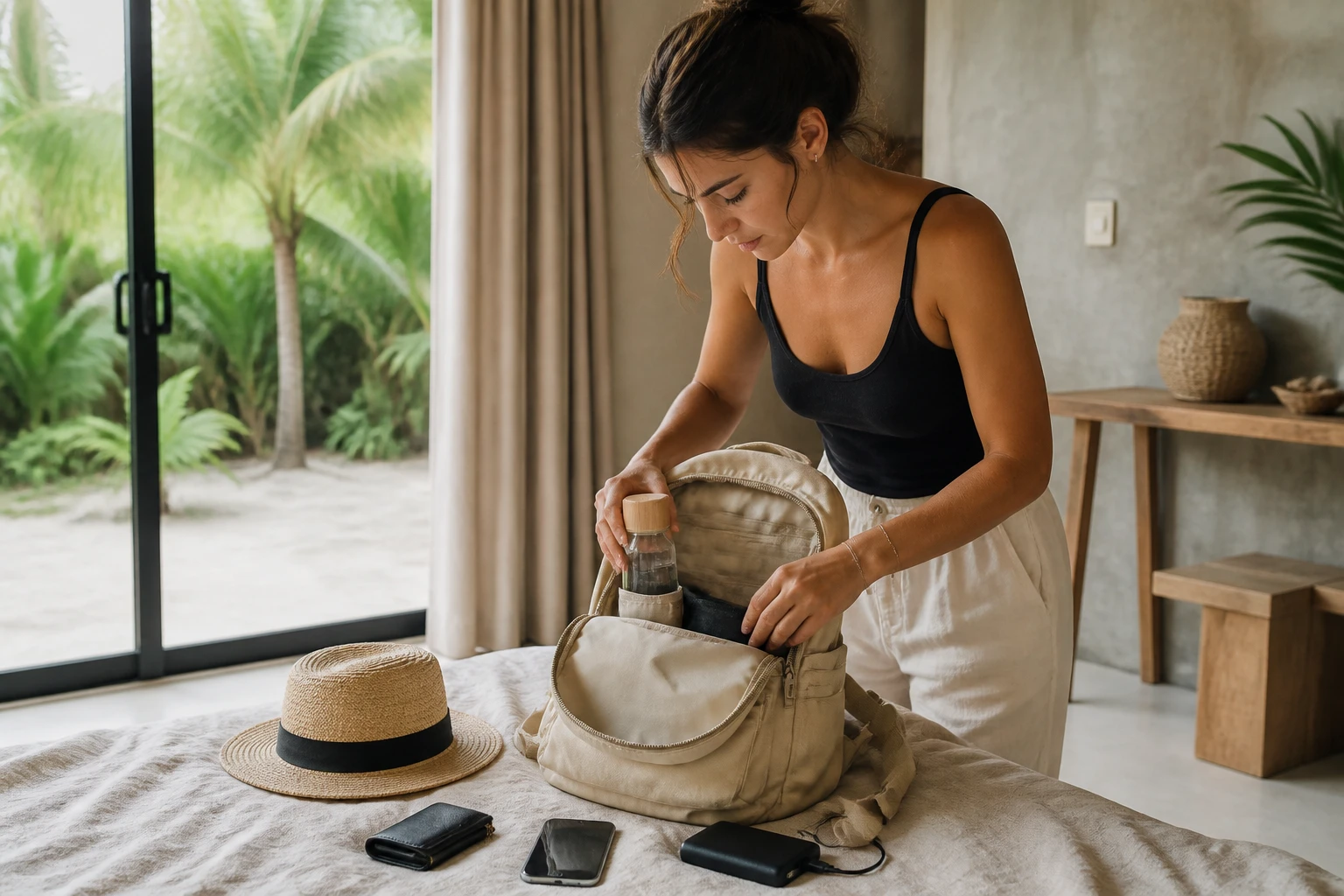 Compact day bag prepared for solo sightseeing in Tulum
