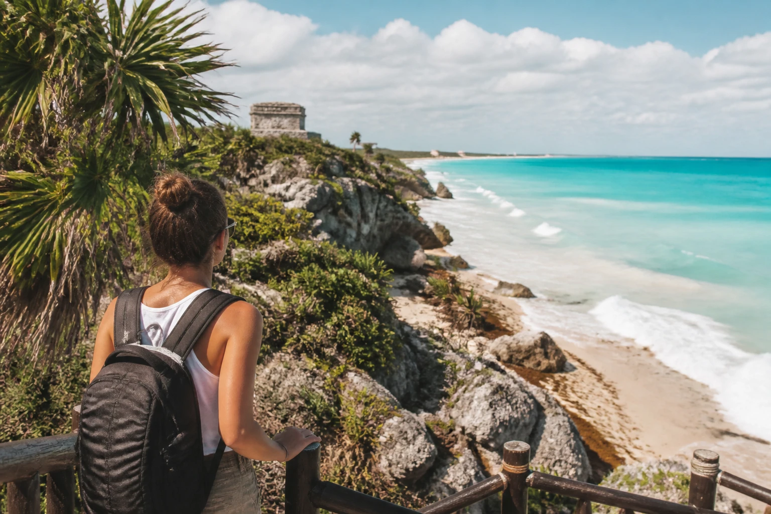 Solo traveler checking current beach conditions in Tulum