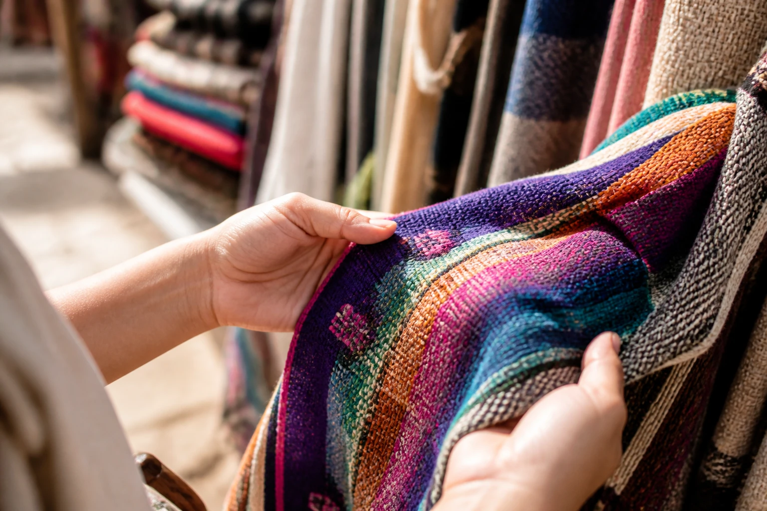 Hands inspecting the stitching of a woven souvenir