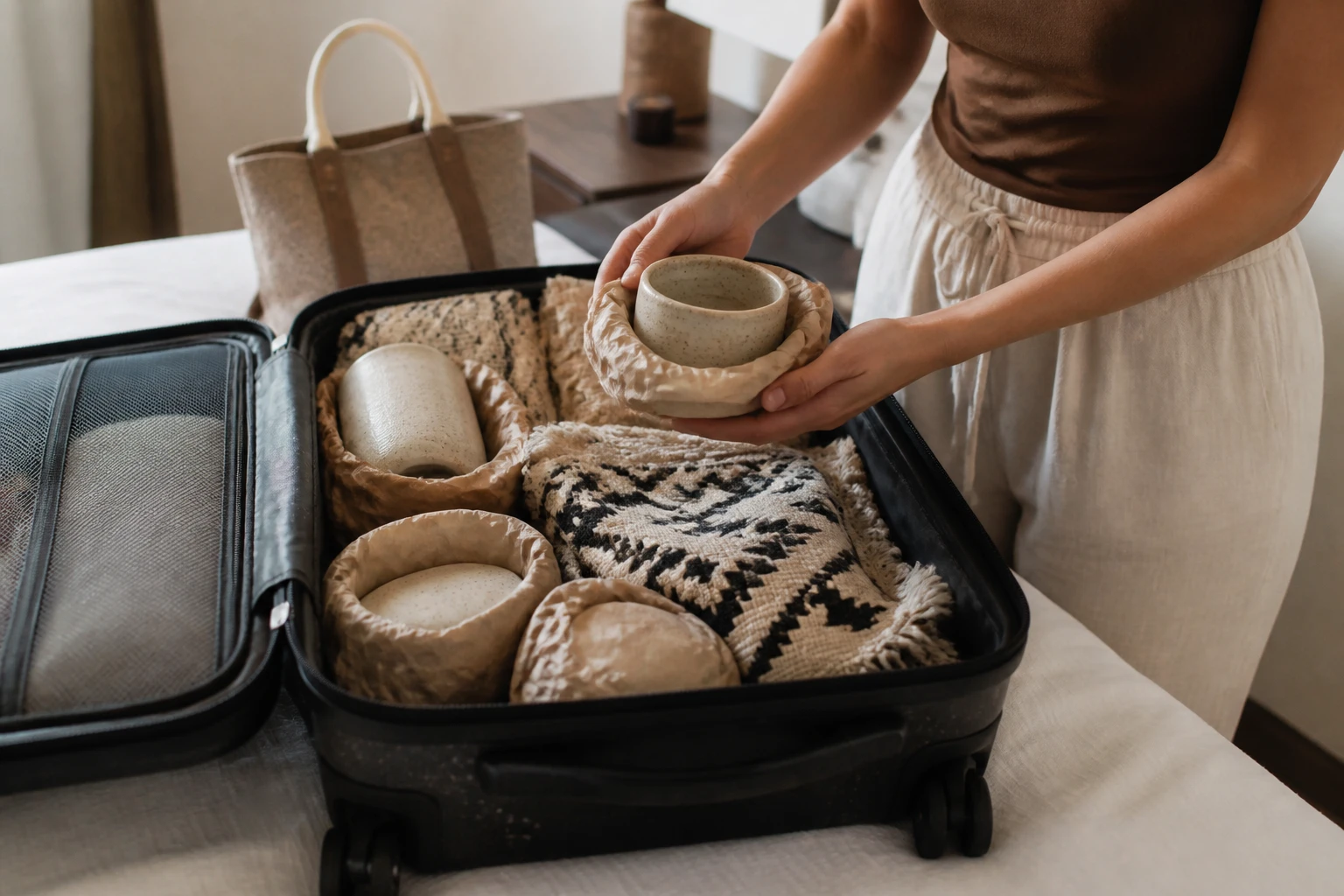 Wrapped Tulum souvenirs being packed in a suitcase