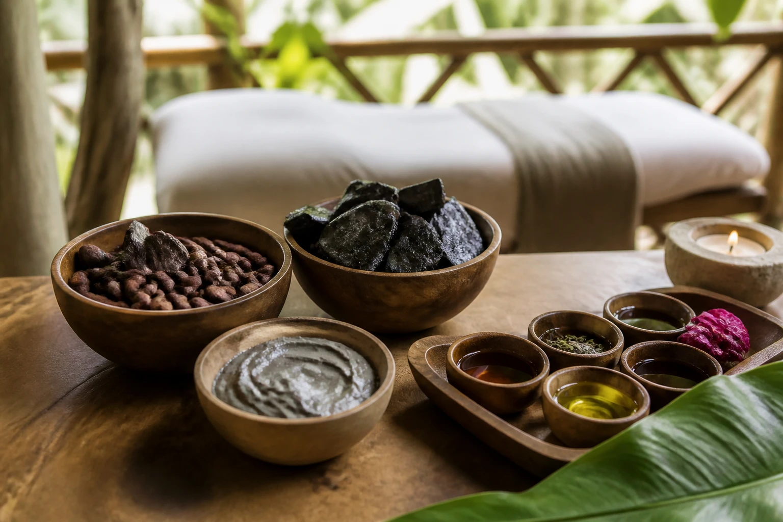 Obsidian stones, cacao, clay and botanical oils prepared for a spa treatment