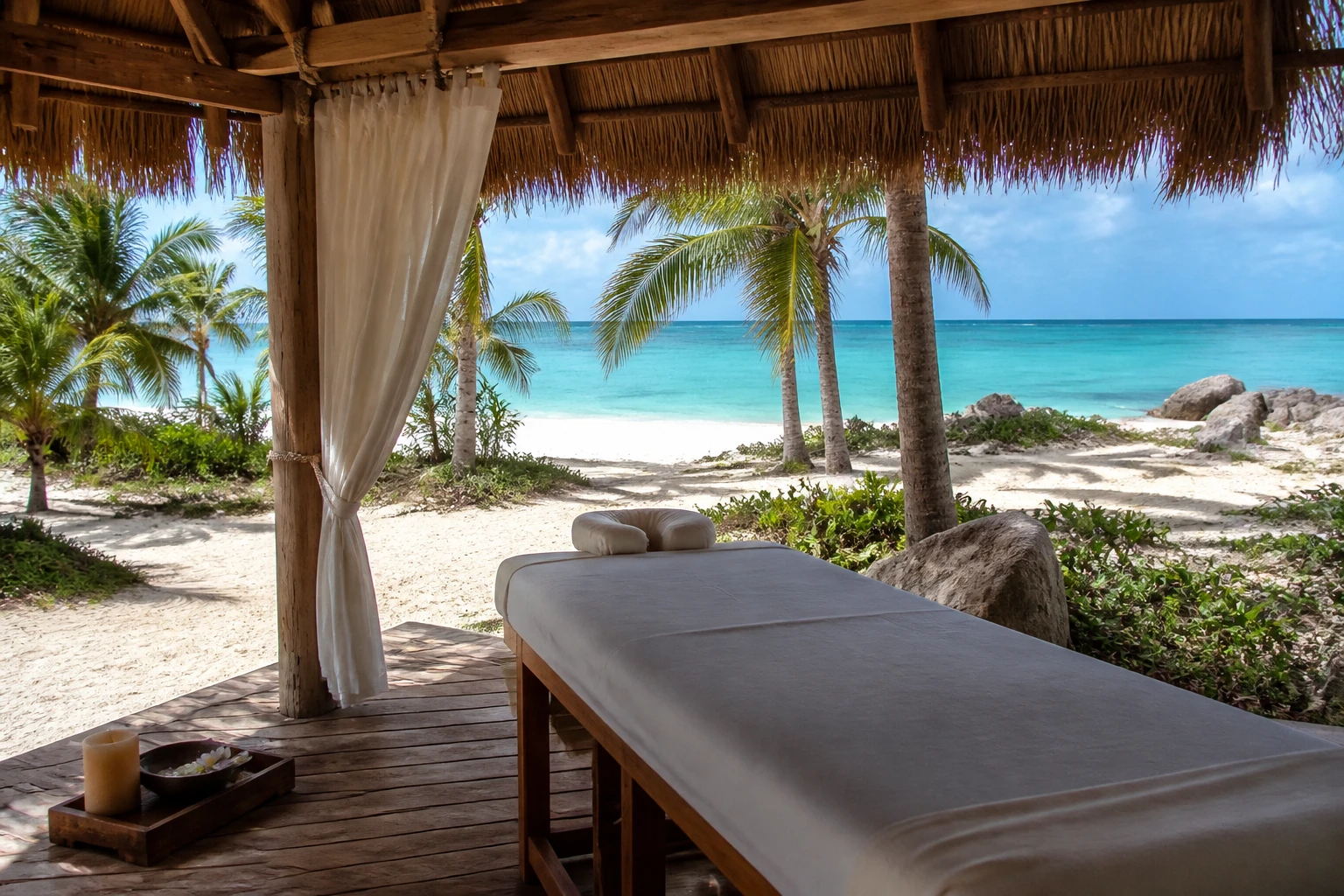 Coastal massage pavilion overlooking a Tulum beach