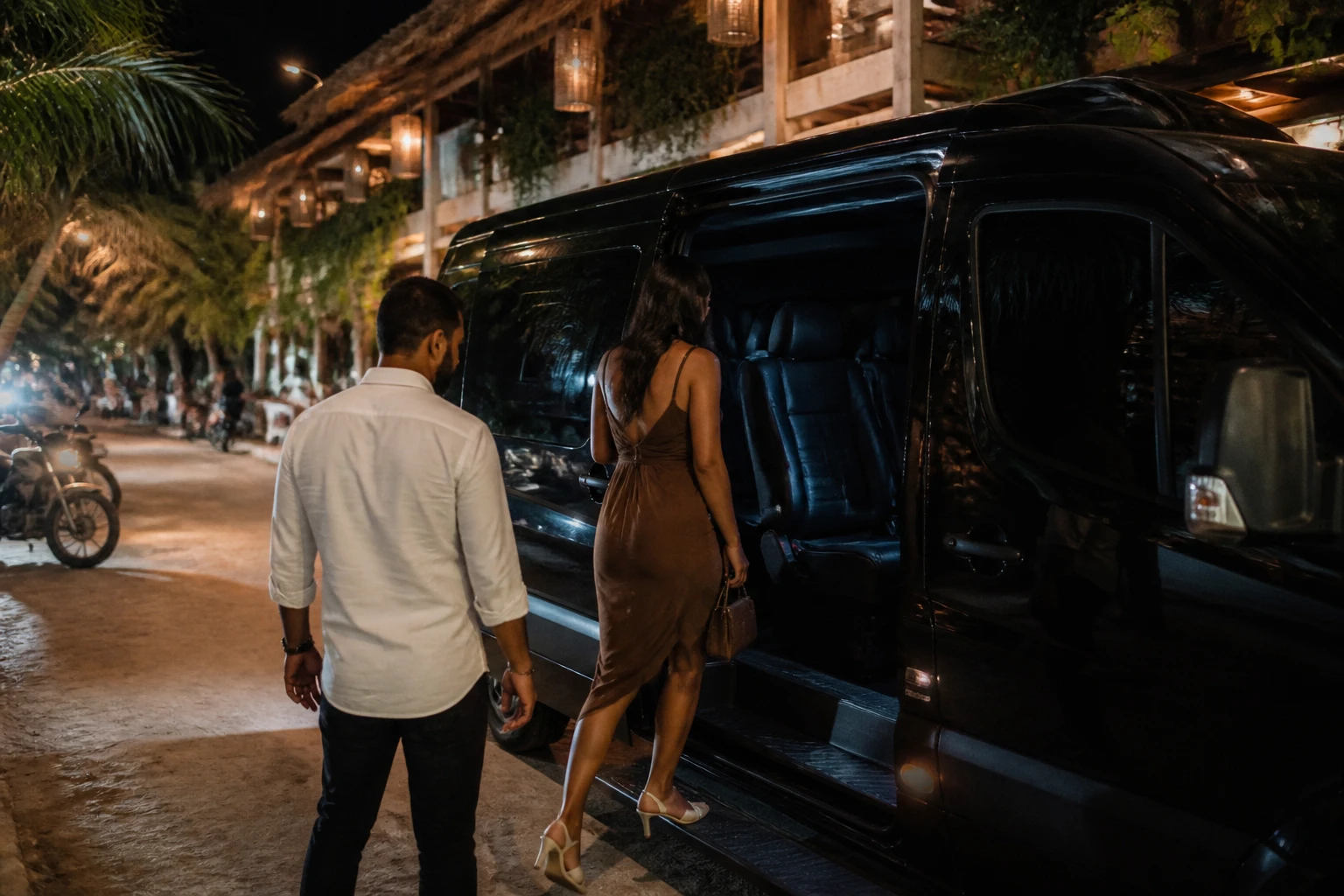 Travelers using prearranged transportation after a night out in Tulum
