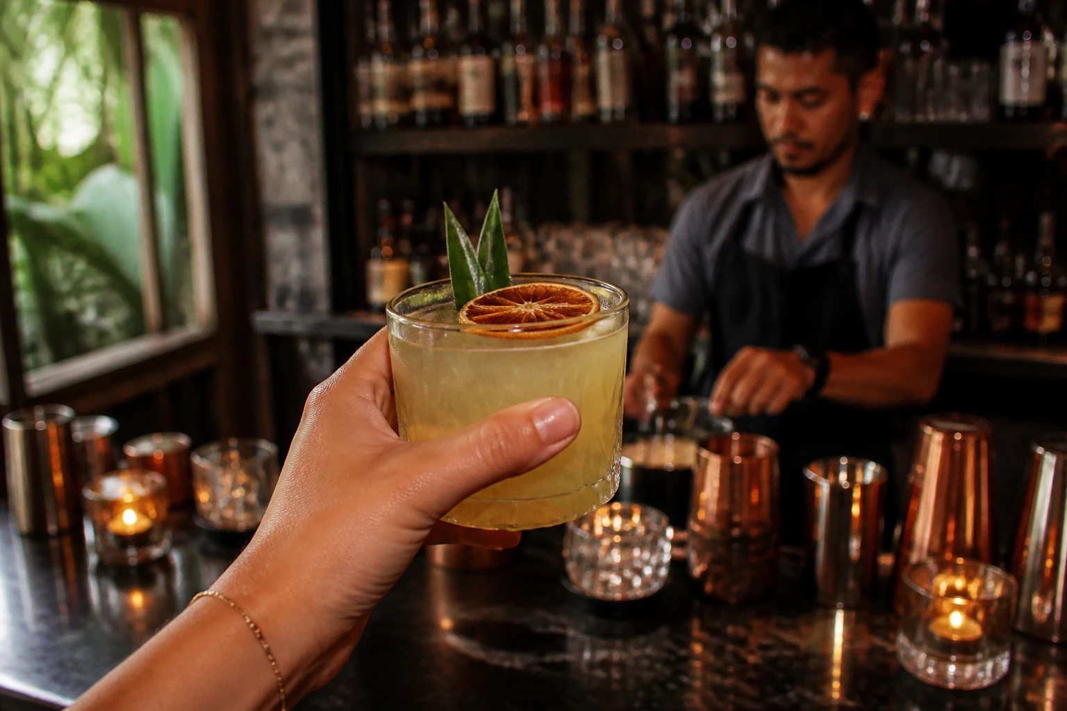 Traveler keeping a freshly prepared cocktail in sight at a bar