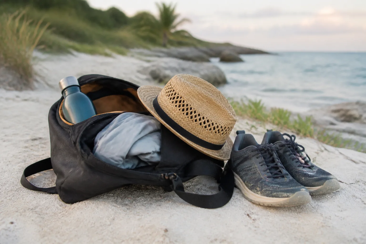 Light packing setup for a Tulum sunset beach visit