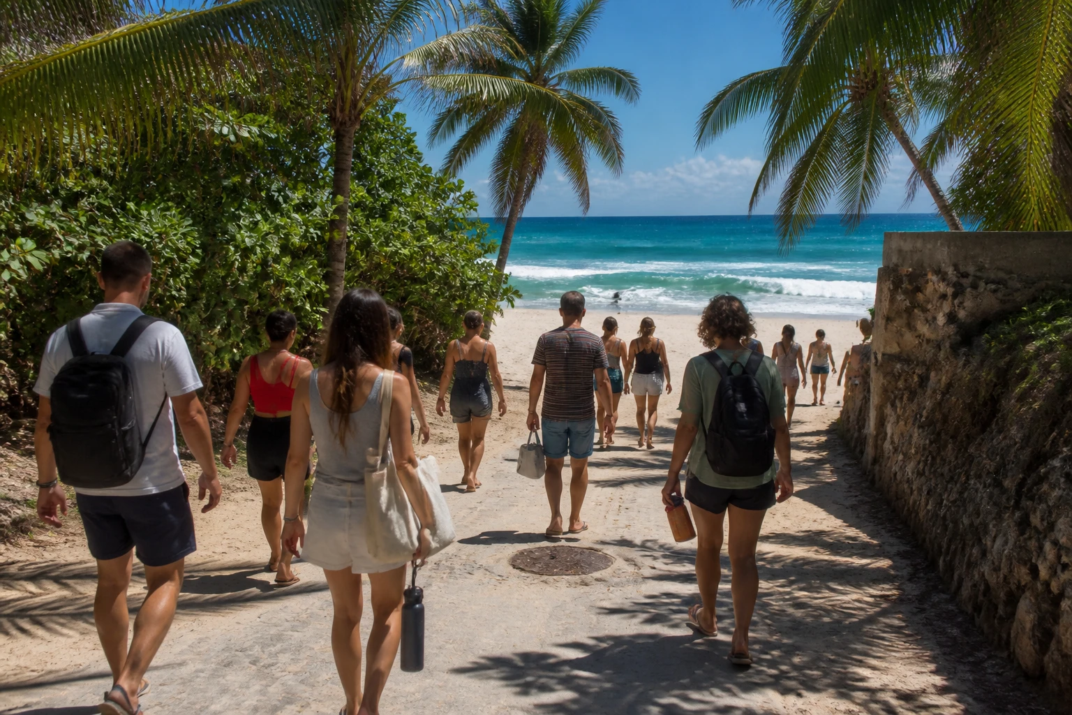 Travelers arriving at a public beach in Playa del Carmen