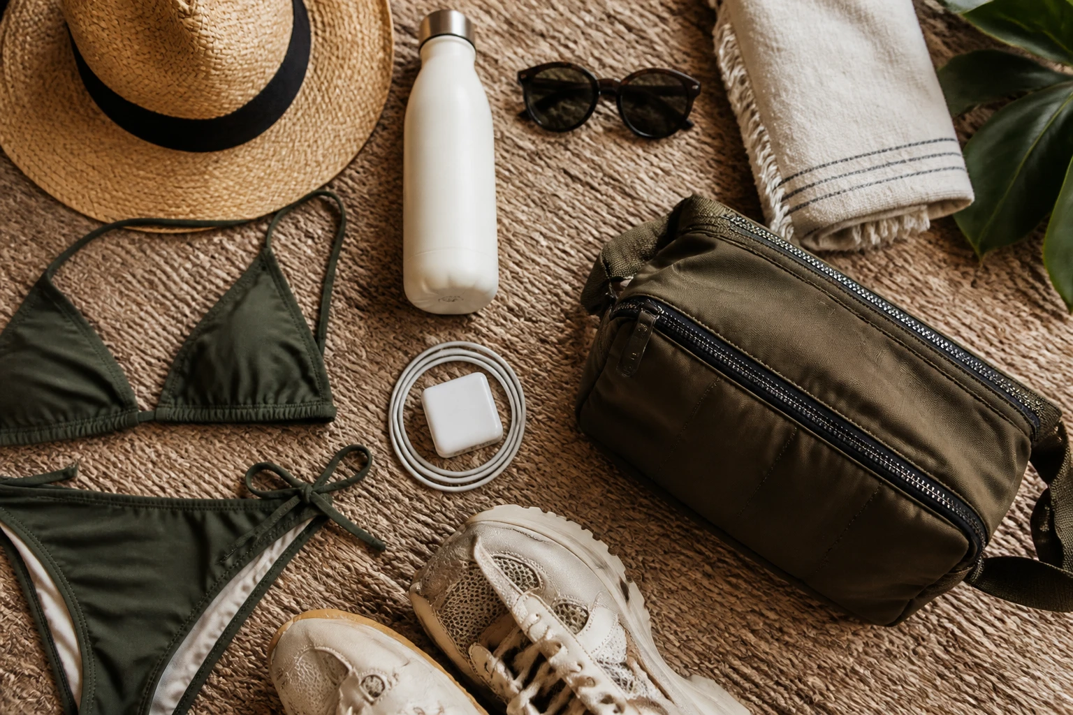 Practical items packed for a two-day Tulum trip