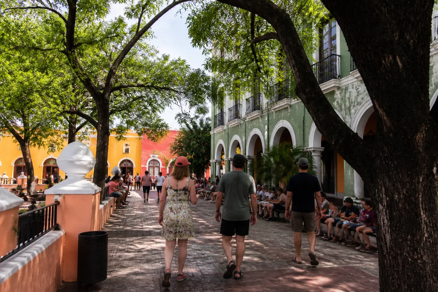 Visitors walking through Valladolid’s colonial center