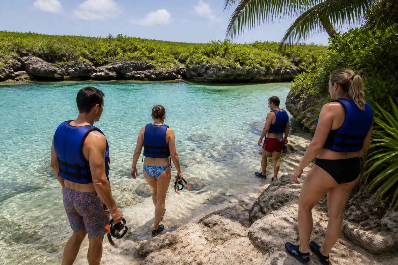 Visitors wearing life jackets and preparing to snorkel at a tropical lagoon