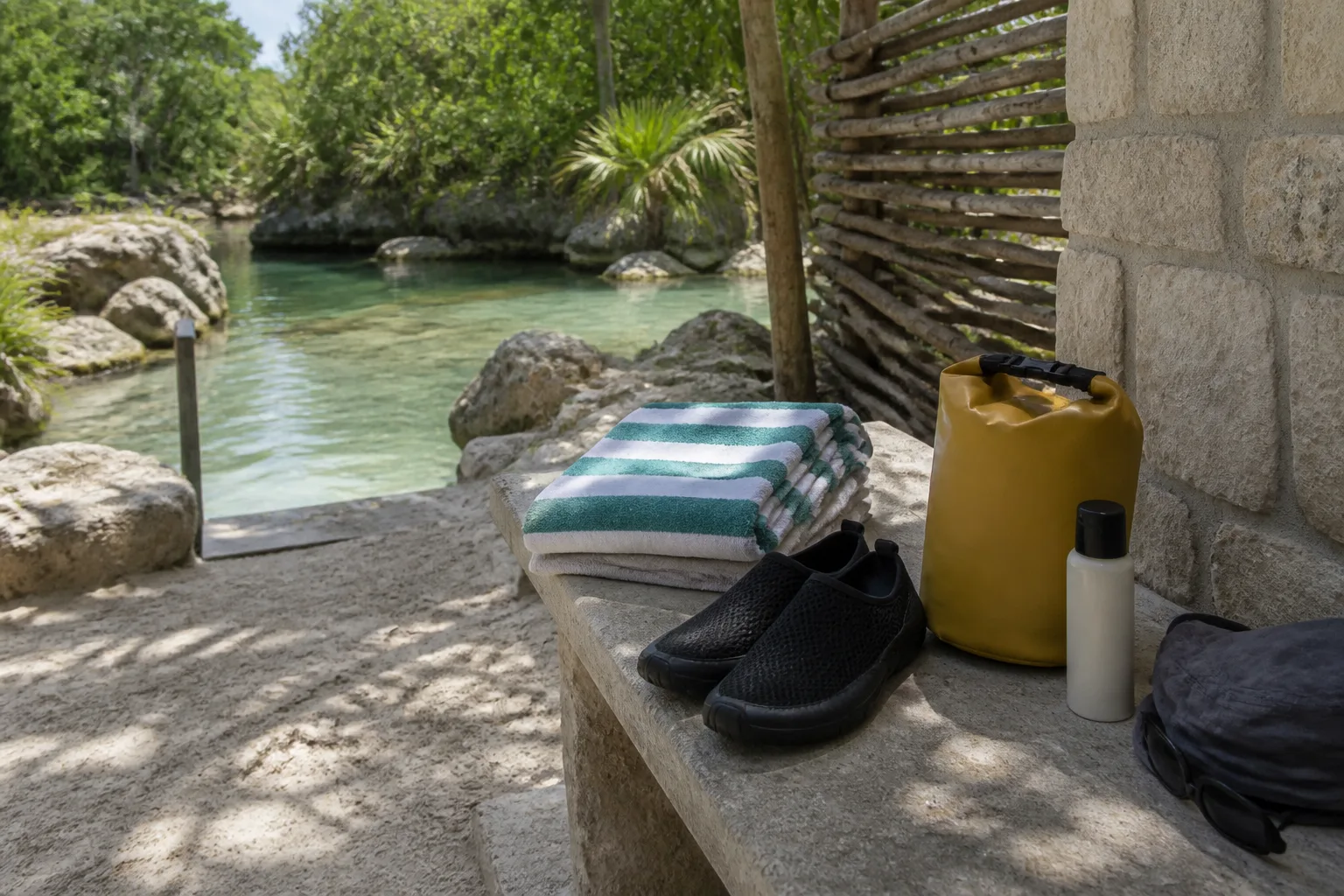 Towel, water shoes, dry bag, and swimming supplies prepared for a lagoon visit