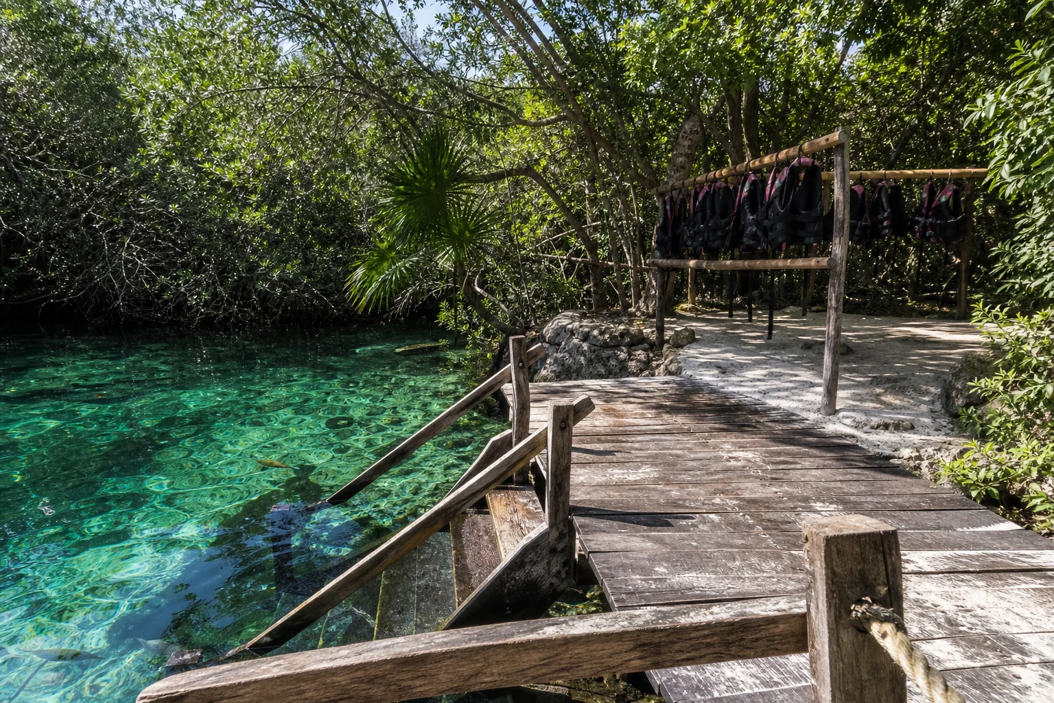 Wooden entry platform and clear water at Casa Cenote near Tulum