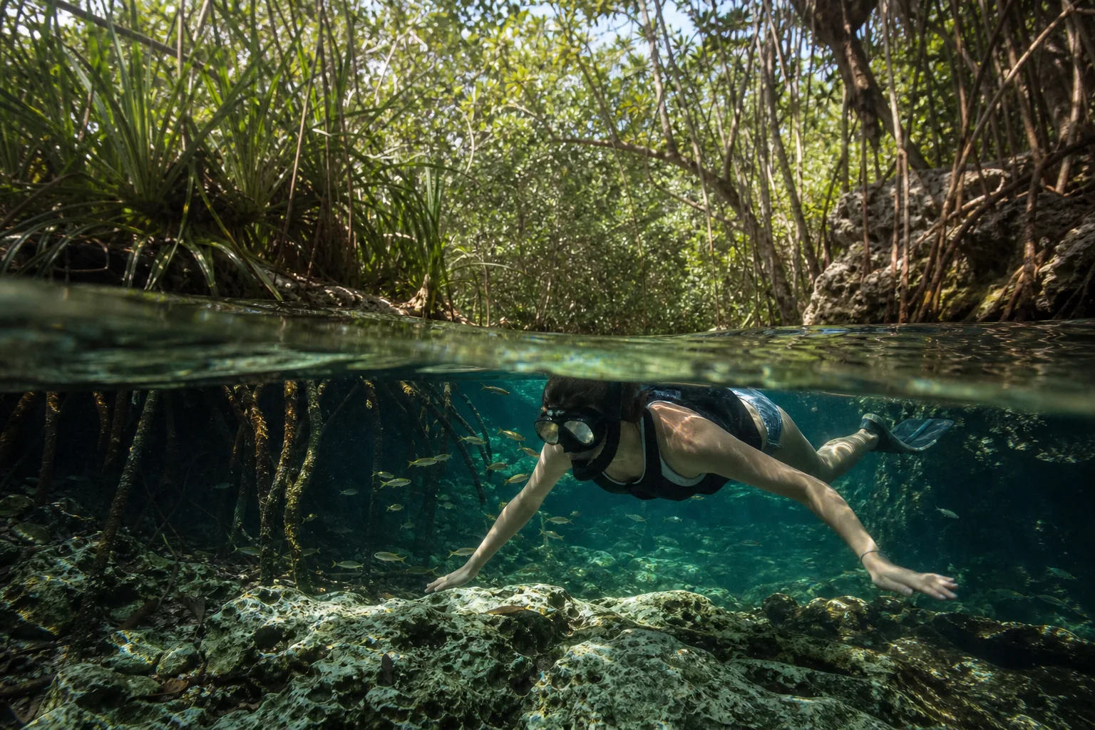 Snorkeler exploring clear water beside mangrove roots at Casa Cenote